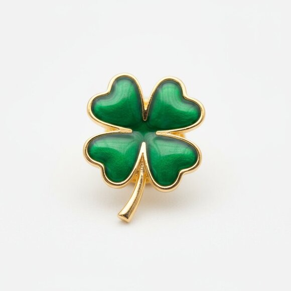 Good Luck Four Leaf Clover Pin Enamel Green Gold Tone St. Patrick's Day Charm - Picture 1 of 6